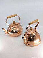 Front angled view of both copper clad kettles showing overall design