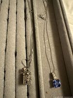 Two necklaces in tray, focus on silver chain