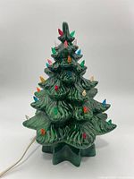 Full view of ceramic Christmas tree showing bulbs and cord