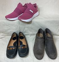 Three pairs: Puma sneakers, Born loafers, Clarks ankle boots