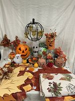Overall shot of all fall decor, linens, luminaries, candelabra