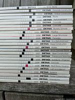 Spines of stacked Detail magazines showing years 2005-2012