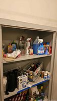 Full cabinet view showing assorted bottles, sprays, gallon jugs and supplies