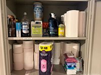 Cabinet shelf with paper towels, cleaners, toilet paper pack and wet wipes