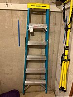 Full view of Werner 6-ft fiberglass ladder standing against wall