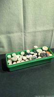 Green plastic tray filled with pill bottles containing beads