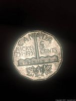 Reverse showing Canada Nickel 5 Cents 1751-1951 refinery design