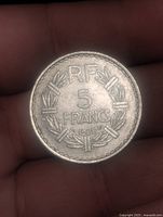 Reverse side showing RF 5 FRANCS 1948 within wreath