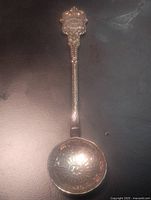 Full view of spoon showing ornate handle and round bowl