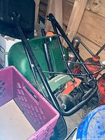 Scotts EdgeGuard spreader, reel mower, bottle jacks, milk crate