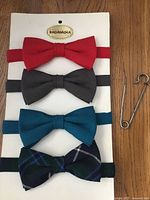 Display card with four bow ties and kilt pin