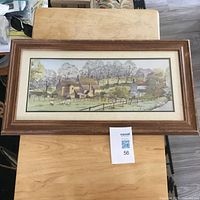 Full view of framed country farm print with mat and wood frame