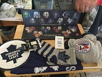 Overall lot showing presentation display, shirt, socks, sign and scarf