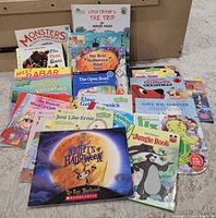 Front view of assorted children’s books spread on floor
