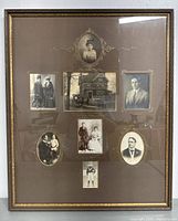 Full view of the framed collage with eight vintage photographs showing various portraits and scenes in sepia and black and white.
