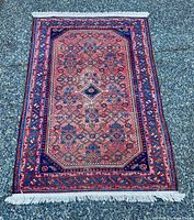 Full view of the oriental rug showing the entire pattern, design, and colors.