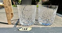 Two Waterford crystal double old fashioned glasses side by side with ruler showing approximate height of 3.5 inches.