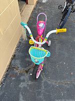 Front view showing basket, handlebars, training wheels, overall color scheme
