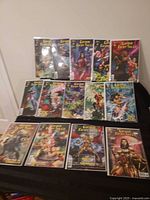 Overview of all bagged Grimm Fairy Tales comics on tabletop