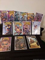 Front covers of all twelve Tomb Raider comic books, bagged and boarded, displayed on a flat surface