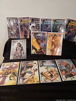 Overview of 13 bagged Tomb Raider comic books displayed on black surface