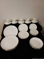 Group view of all 29 pieces including cups, saucers, plates and bowls