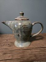 Right side view of glazed stoneware teapot with lid