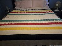 Blanket spread on bed showing full stripe pattern and point markings