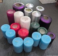 Group view of all 19 assorted pillar candles