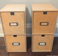 Front view of two IKEA birch plywood mini chests with drawers closed