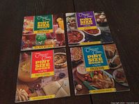 Front covers of four pint size cookbooks: Beverages, In a Pot, Party Planning, Finger Food