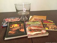 Group view of trifle bowl and cookbooks