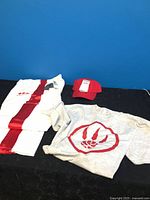 All three clothing items laid out: white Speedo pants, grey tee, red cap