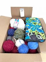 Box showing yarn balls, floral zip case