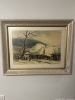 Overall view of framed farmhouse landscape painting