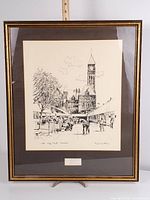 full view of framed drawing showing frame, mat and artwork