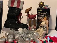 Full group view of stockings, angel box, plush figures, ornaments