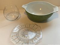 Overview of all three items: Pyrex bowl, glass plate, terrarium