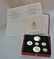 Coins and leaflet inside open presentation case