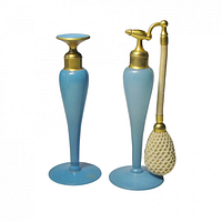 Front view of both satin blue perfume bottles standing upright
