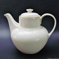 Side view showing overall shape, handle, spout, floral pattern