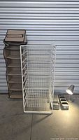 Overall lot with wire basket tower, fabric organizer, lamp, plastic trays