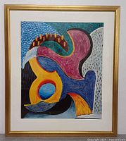 Front view of framed David Hockney offset lithograph with mat and gold frame