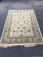 Full view of rectangular rug showing overall pattern and fringe ends