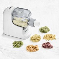 Marketing image of Cuisinart stand mixer with pasta extruder and various pasta shapes
