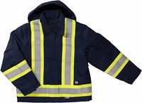 Front view of Work King hi-vis jacket showing reflective tape and hood