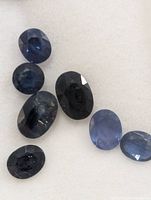 Seven loose oval blue sapphires on light background