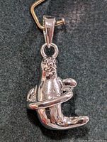 Front view of silver animal-form pendant showing bail, hoop and facial details