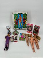 Group shot showing all items including case, dolls and boxed figures