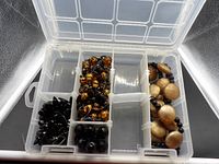 Open plastic sorting container showing black beads, amber-swirl beads, gold-tone discs